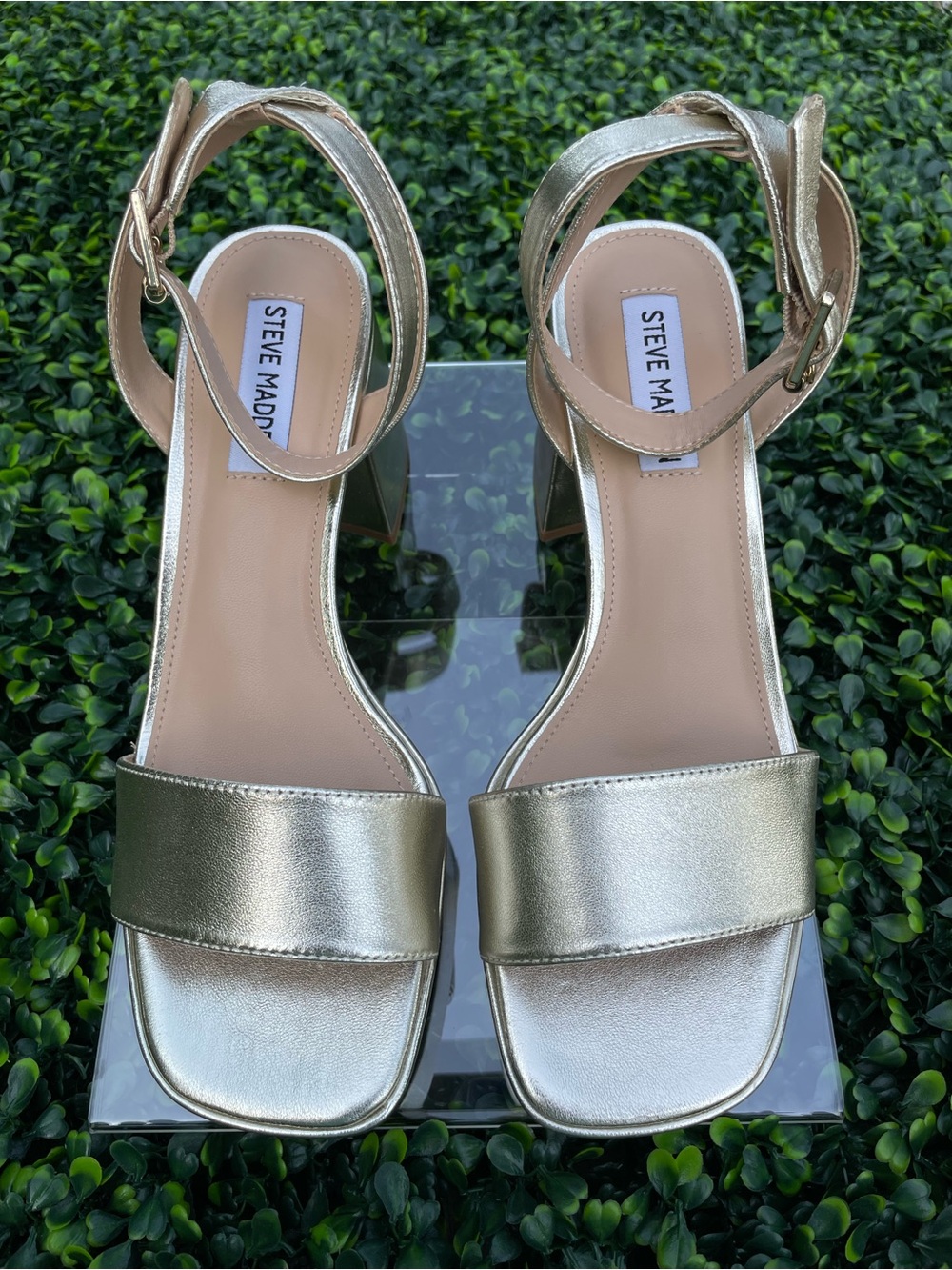 Steve Madden Metallic Gold Ankle-Strap Block Heels